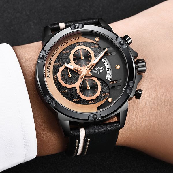 

lige militray sports quartz watch men relogio masculino 2019 new design mens watches black leather waterproof reloj hombre, Slivery;brown