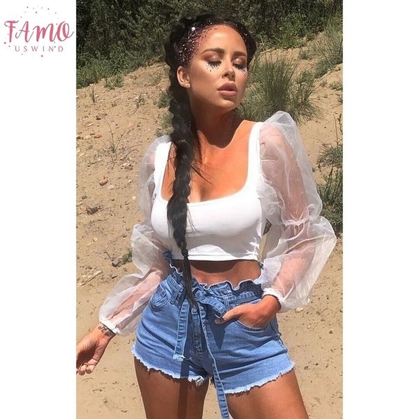 

pre autumn elegant women square neck long lace puff sleeve see through pullover elastic crop blouse, White