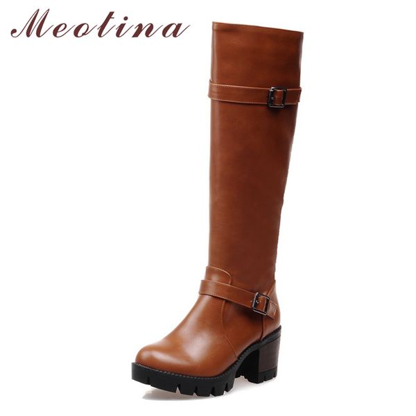 

meotina women boots knee high boots winter buckle square heel long zipper high heel shoes ladies 2018 red plus size 33-43, Black