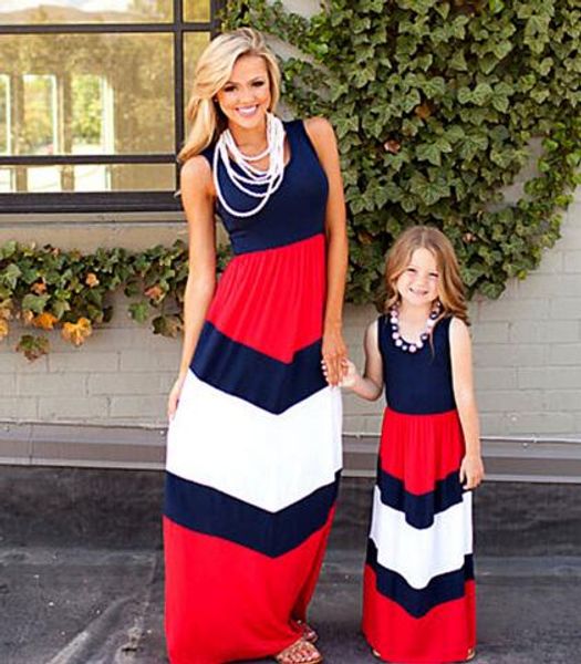 

2019 mommy and me family matching mother daughter dresses clothes striped mom and daughter dress kids parent child outfits, Blue