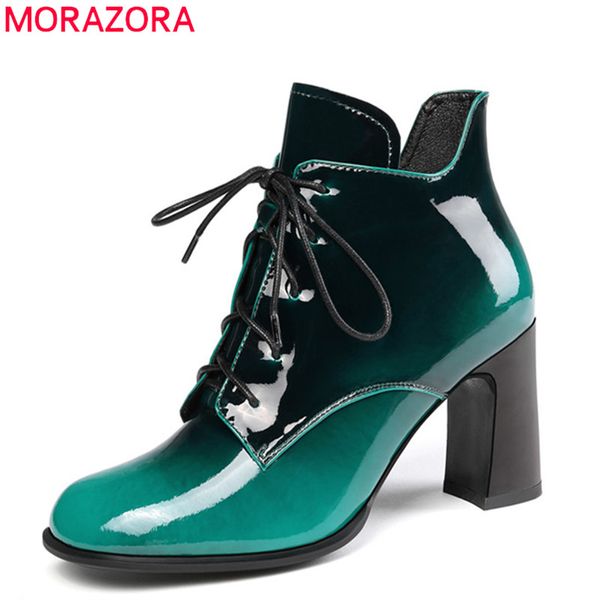 

morazora 2020 new arrival women ankle boots patent leather lace up autumn winter high heels dress party shoes woman big size 43, Black