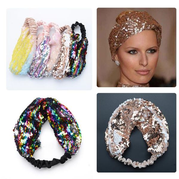 

30pcs 10''*4.5''knot sequin girls headband mermaid elastic fabric hairband two tone wide head band for female, Slivery;white