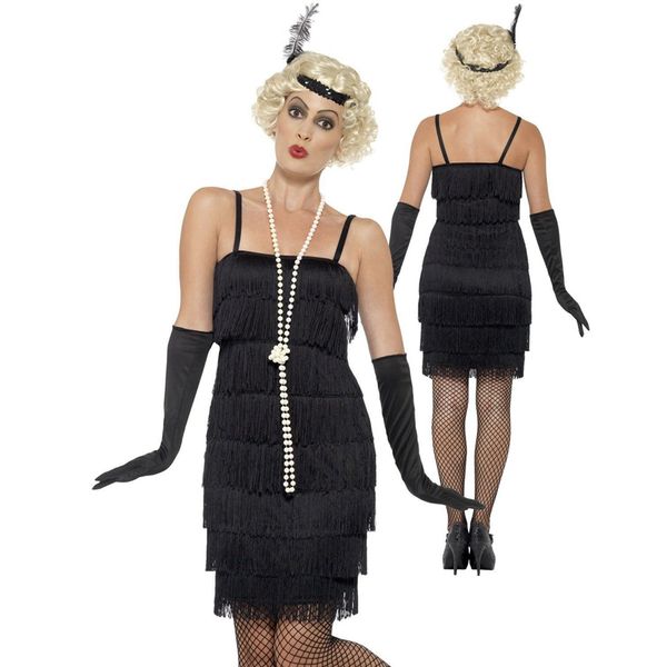 

charleston gatsby fringe flapper dress 8 tiered tassel party outfit women 1920s roaring 20s costume stappy black dress, Black;gray