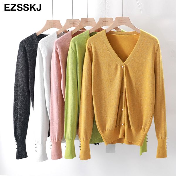 

2019 spring autumn lurex cardigan women loose glitter knitted jacket cardigan sweater female bling coat, Black;brown