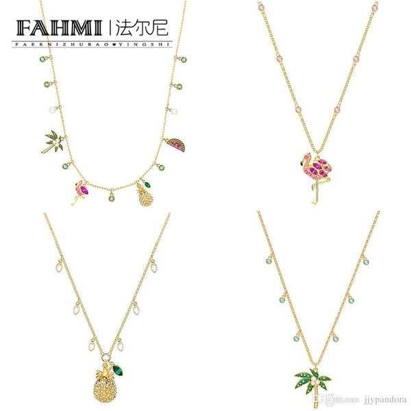 

fahmi lime charms tropical style watermelon palm tree pineapple clavicle chain trend flamingo pendant necklace jewelry gold plated, Silver