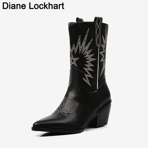 

fashion embroidery faux leather women's calf boots pointed toe western cowboy boot winter women wedges riding runway boots, Black