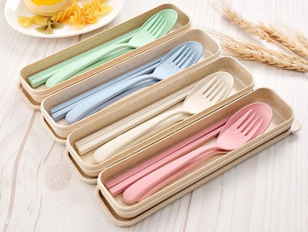

portable wheat straw tableware eco-friendly spoon fork chopsticks set tablewares 4 colors reusable travel camping cutlery set lxl724-1