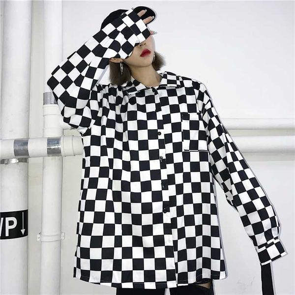 

plaid blouse women black and white checkerboard shirt loose long sleeve polyester blouses streetwear womens clothing autumn