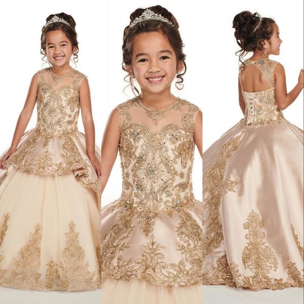 

2022 champagne puffy flower girls dresses jewek lace appliques crystal beaded princess ball gown corset back birthday girls communion pagean, White;blue