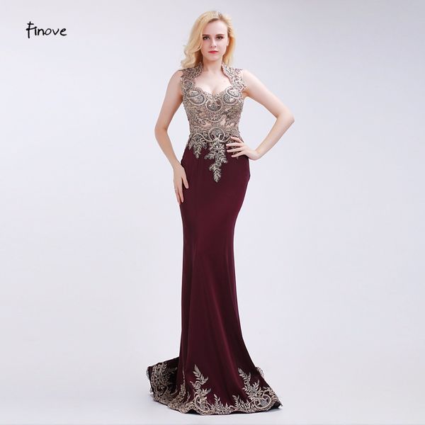 

finove claret-red evening dresses elegant 2019 new mermaid appliques court train floor length mother of the bride dresses#12250, Black;red