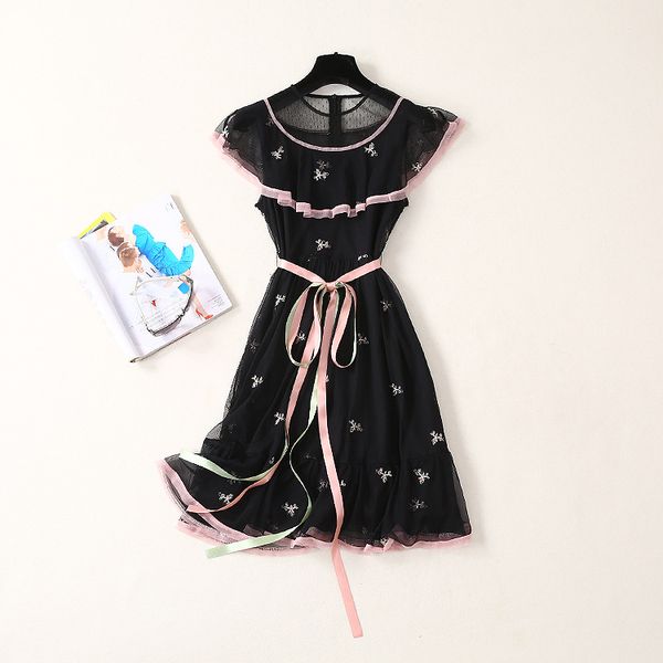 

european and american women's dress 2019 summer new style net yarn embroidery falbala fashion lace-up black dress, Black;gray