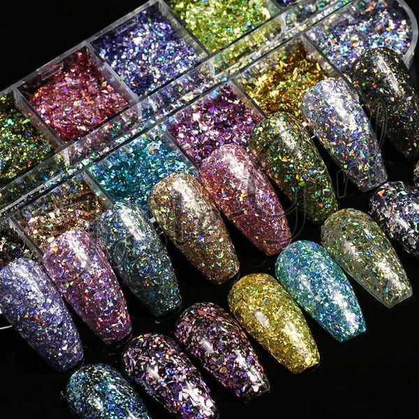 

12 color/set laser colorful broken paillette nail glitter summer charms designs diy irregular sequins nail dust powder, Silver;gold