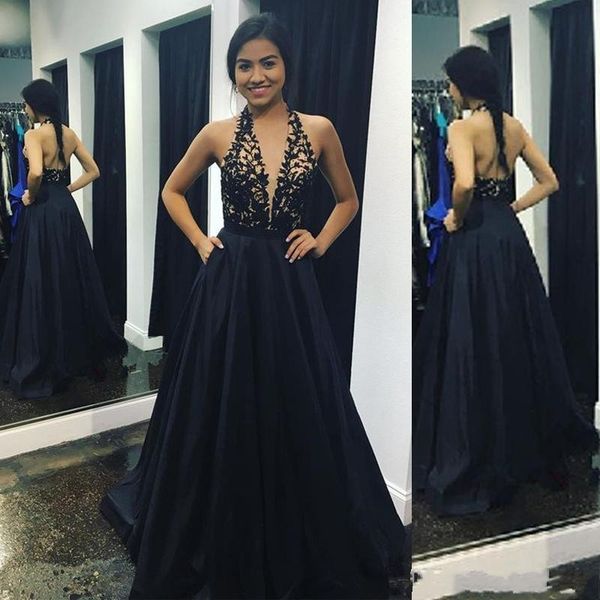 

2019 Backless A Line Black Prom Dresses Halter Neck Floor Length Lace Applique Formal Evening Dresses Party Gown Custom Made Plus Size