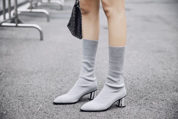 

oversized 9 10 12 boots women shoes ankle boots for women ladies shoes woman winter patchwork knit pointed heel, Black