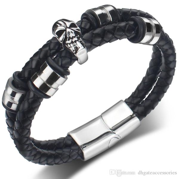 

skull bracelet 20cm 21cm 22cm european and american trend rock punk style double ring woven leather bracelet skull steel buckle bracelets, Golden;silver