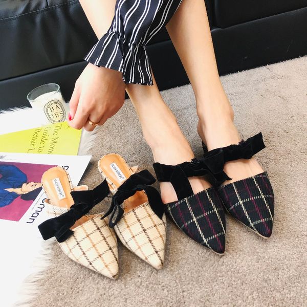 

pointed toe butterfly-knot patchwork silk soft leather elegant lady casual shoes apricot mules slippers womans spring, Black