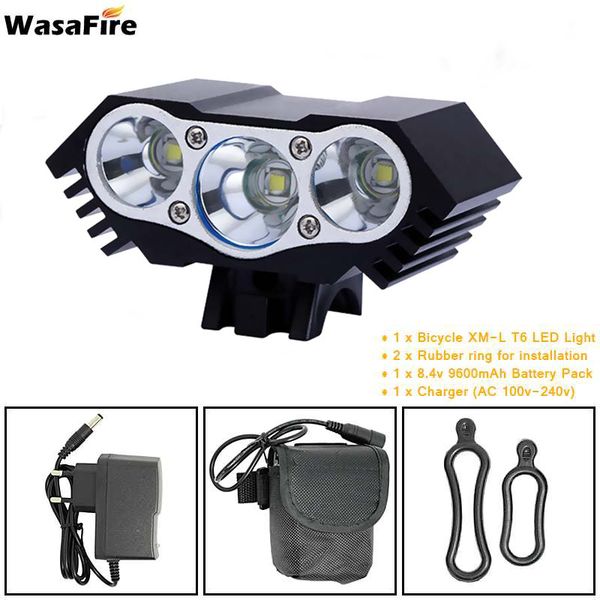 

wasafire 3xt6 led bicycle front light 4 modes bike headlight riding cycling + 8.4v 18650 6400/9600mah battery pack
