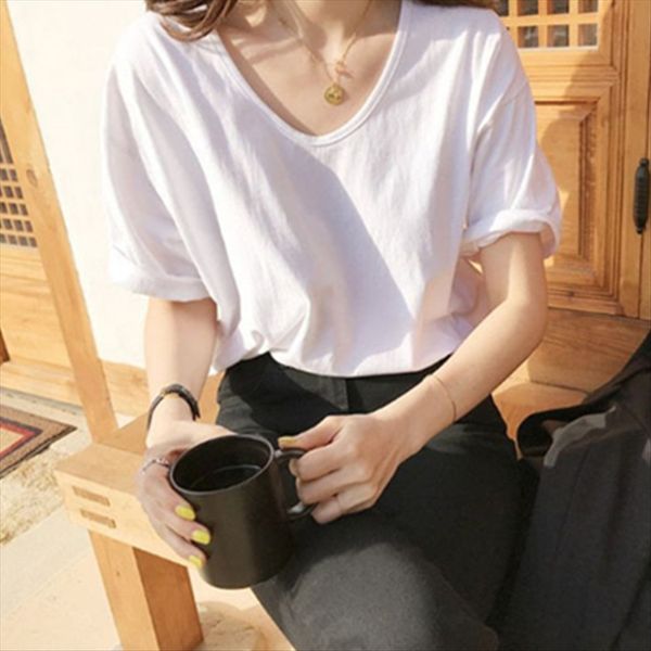 

2020 women's fine cotton t-shirt women's simple v-neck solid color short sleeve t-shirt women, White
