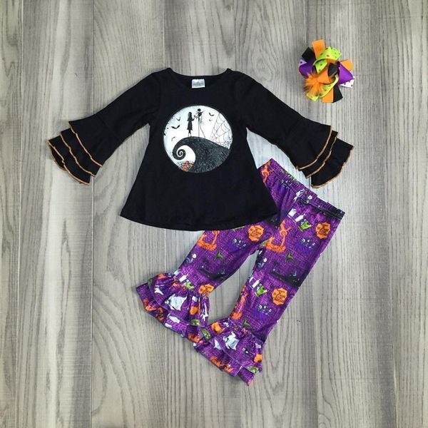 

fall/winter halloween baby girls pants witch hat children clothes boutique purple skull pumpkin outfits set match accessories, White