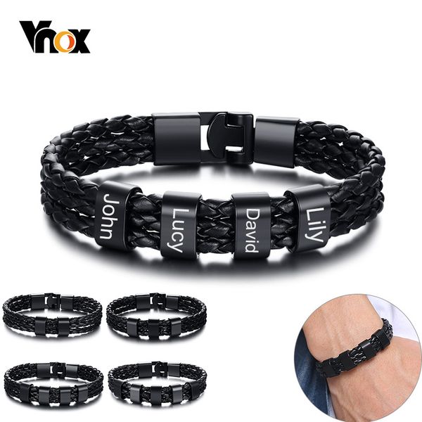 

vnox personalize family name bracelets for men black layered braided leather with stainless steel charms bangle custom bff jewel