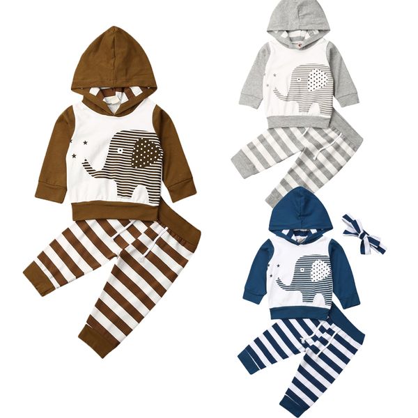 

0-18 м новорожденных детей мальчиков девочек одежда устанавливает животных печати с капюшоном топы + полосатые брюки одежда, White