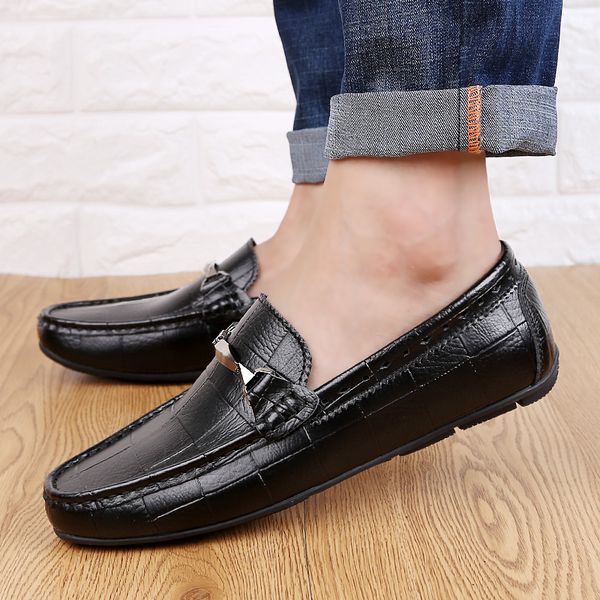 

genuine leather men loafers fashion shoes outdoor handmade moccasins breathable slip on men's boat shoes chaussure homme cuir, Black
