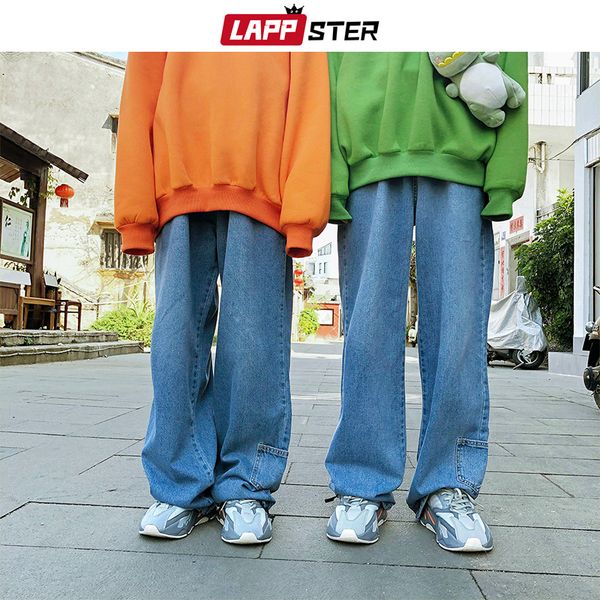 

lappster men korean fashions high wasit jeans 2019 couple vintage straight harajuku harem pants blue streetwear denim pants