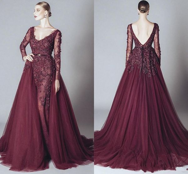 

2019 Vintage Mermaid Prom Evening Dress Maroon Lace Appliqued Long Sleeve Datachable Train V Neck Formal Party Pageant Dresses Custom Made