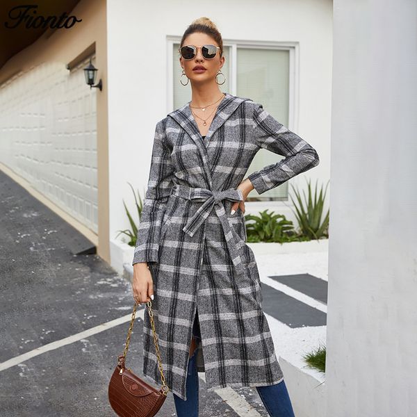 

fionto new autumn winter wool coat women cashmere trench jacket female casual plaid coat thickness warm belt jackets long, Black