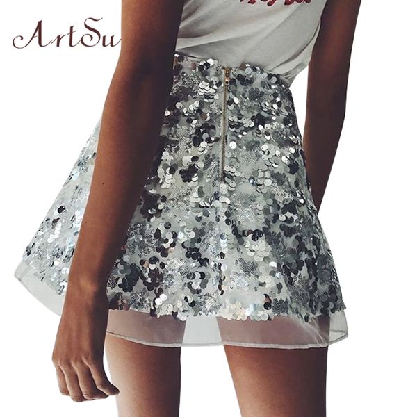 

artsu gold sequin mesh mini skirts womens christmas chic high waist skirt zipper casual short party beach black skirt assk20005, Black;gray