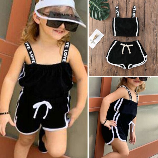 

2pcs clothes set baby girls kids sunsuit clothes solid color sling + pants, White