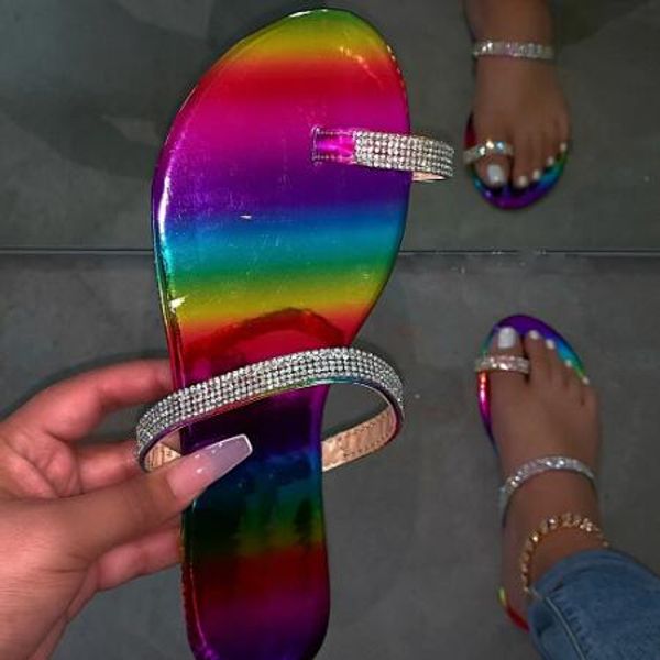 

rainbow print women slippers non-slip flip flop new 2020 women sandals rivet slippers outdoor wild rhinestone beach, Black