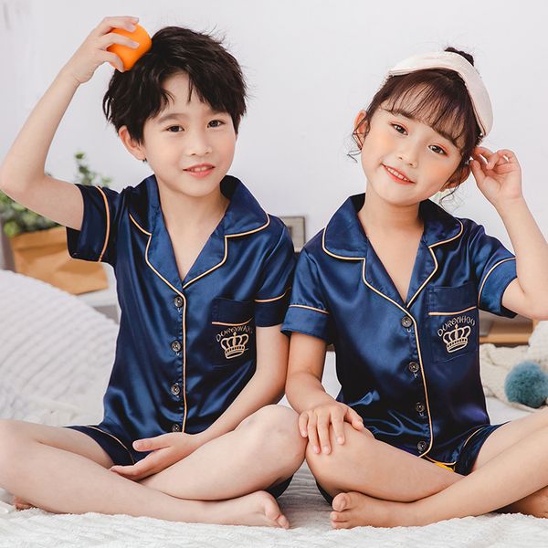 

summer kids cosy short pajamas snug sets silk sleepwear girls short kids pijamas boy and pant print pajamas home, Blue;red