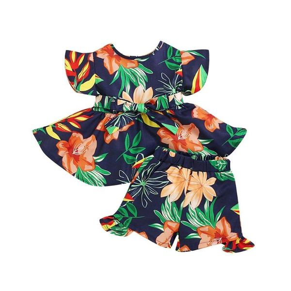 

summer children girls casual short sleeve floral t-shirt+shorts set, White