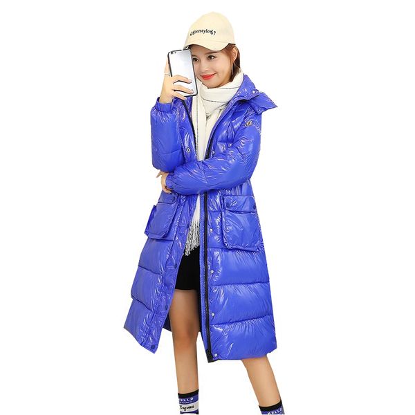 

fashion 2019 winter new glossy long duck down jacket women hooded parka korean thick warm down coat casual slim female overcoat, Black