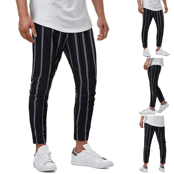 

1pc four seasons men new fashion casual cotton blend outdoor sports running stripe drawstring long pants m0904, Black