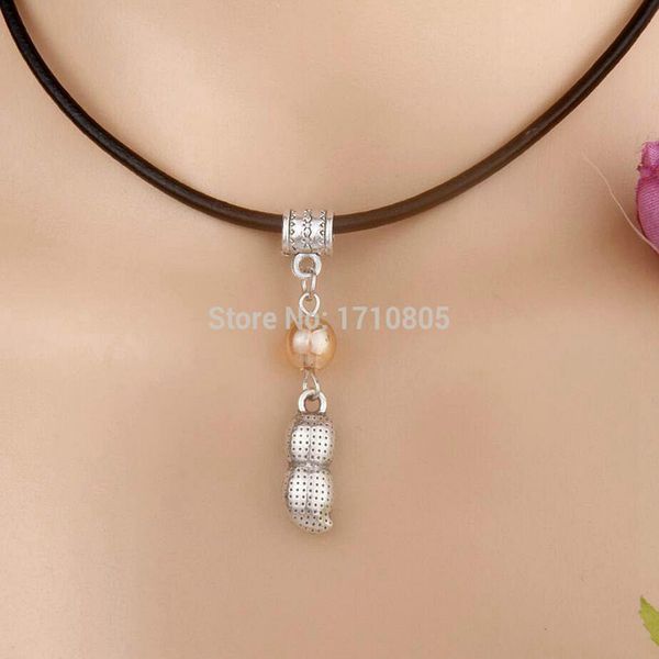 

10pcs alloy ancient silver solid peanut multicolor glass bead charm pendant leather rope necklace couple jewelry valentine's day presen