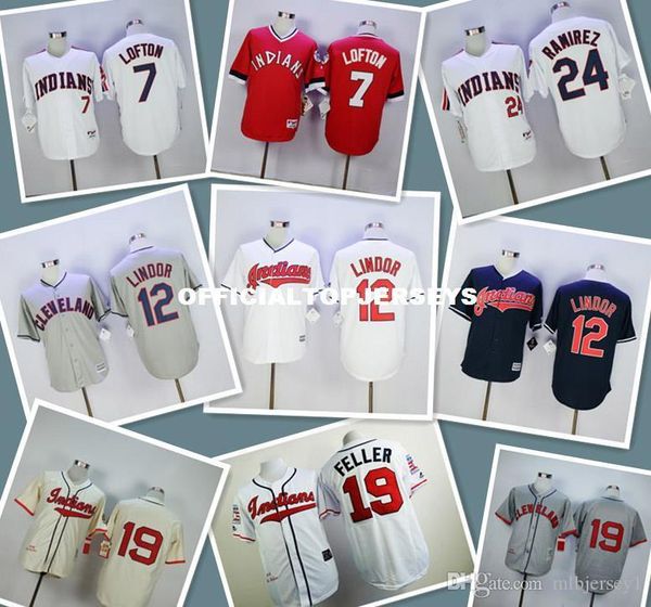 

men 7 kenny lofton 12 francisco lindor 19 bob feller 24 manny ramirez retro jersey new color white gray blue red yellow, Black;blue