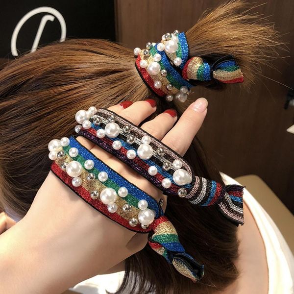 

fashion colorful faux pearls beads elastic women hair rope tie ponytail holder