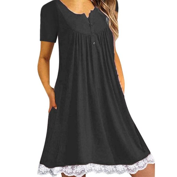 

casual dresses fashionable spring 2021 ladies sleeveless button lace dress women o neck above knee loose, Black;gray