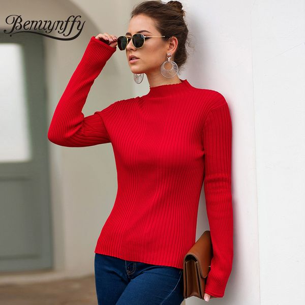 

benuynffy women long sleeve slim knitted sweater autumn female half turtleneck pullover 2019 ladies casual jumper sweater, White;black