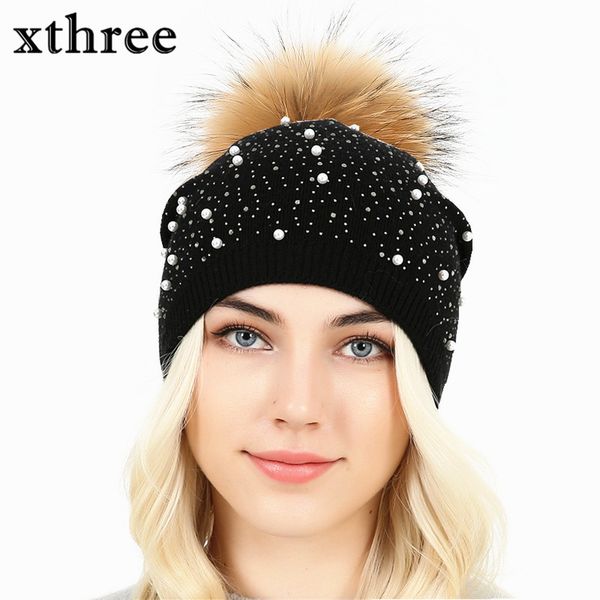 

xthree]knitted women hat fur hats for lady beanies cap girl fur pom poms and wool knitted hat new thick female cap, Blue;gray