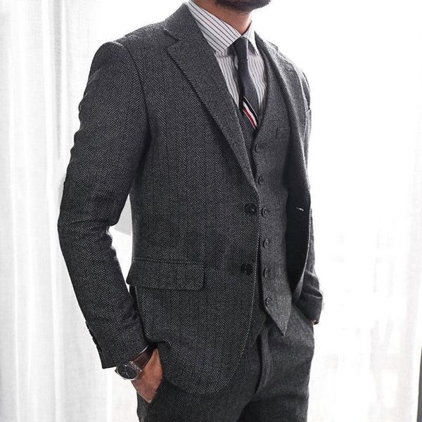 

slim fit two buttons gray tweed wedding groom tuxedos notch lapel groomsmen men suits prom blazer (jacket+pants+vest+tie) no:1975, Black;gray