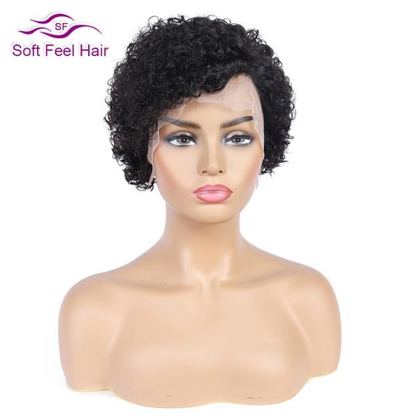 

soft feel hair short wig brazilian kinky curly lace front human hair wigs for women remy pixie cut wig 13x4 bob lace front wigs, Black;brown