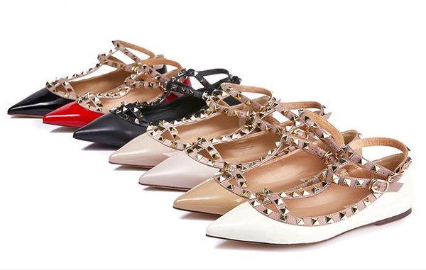 

genuine leather designer pointed toe with studs flat heels patent leather rivets sandals women studded strappy dress shoes, Black