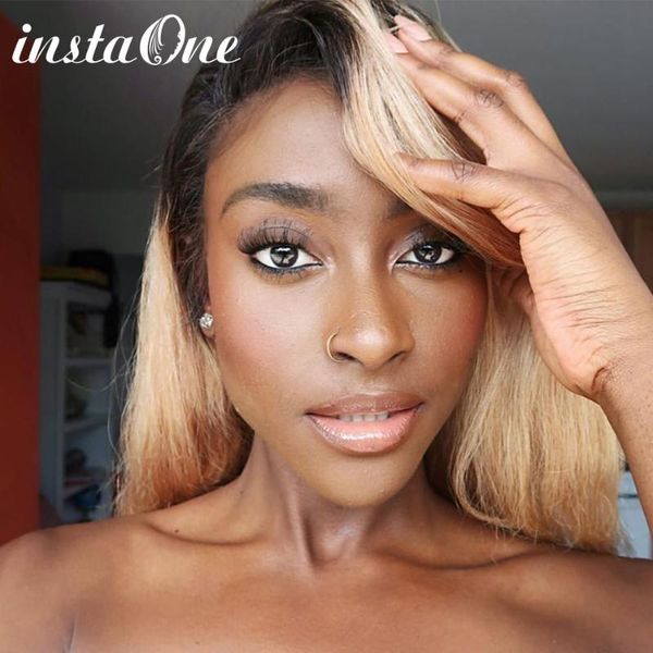 

short bob ombre 4/27 color 13*4 lace front human hair wigs pre plucked for black women brazilian remy hair wigs with baby, Black;brown