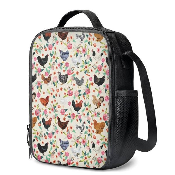 

thikin women large lunch bags causal chicken flower pattern print thermal grocery tote toddler kids school shouler bag, Blue;pink