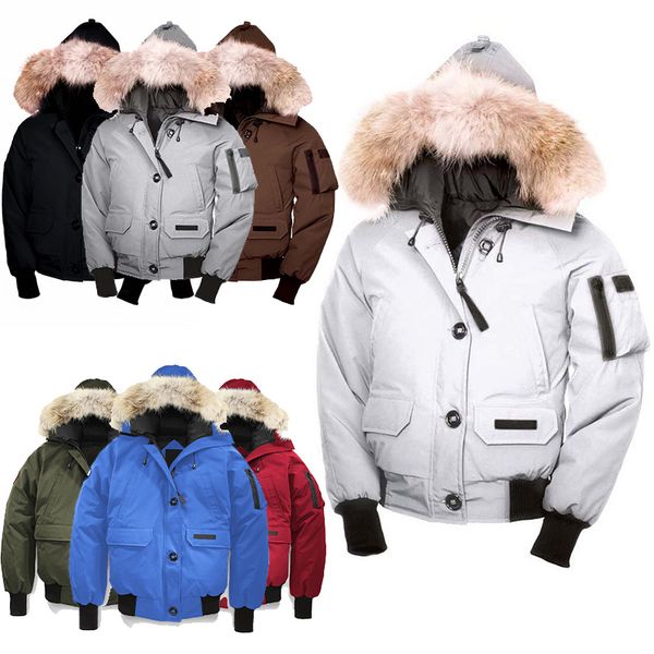 

canadian brand womens down parkas bomber thick windproof slim solid color warm goosefeather down jacket bomber female winter fur coat canada, Black