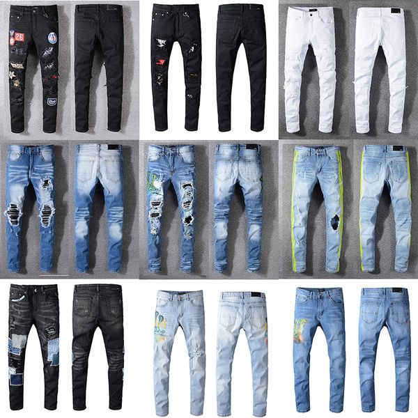 

2020 amiri jeans mens brand designer men denim jeans embroidery pants fashion clothes luxury man holes trousers us size 28-40, Blue