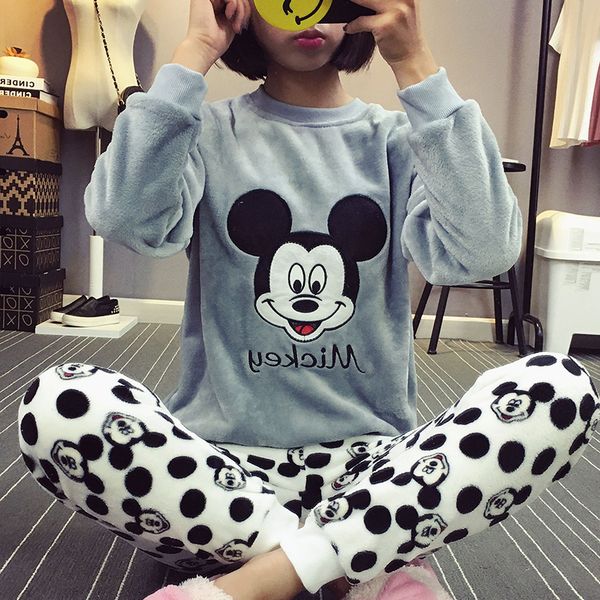 

2018 autumn winter pyjamas women warm fannel thickening pijama coral fleece pajamas set pijamas mujer cute gary sleepwear sets, Blue;gray